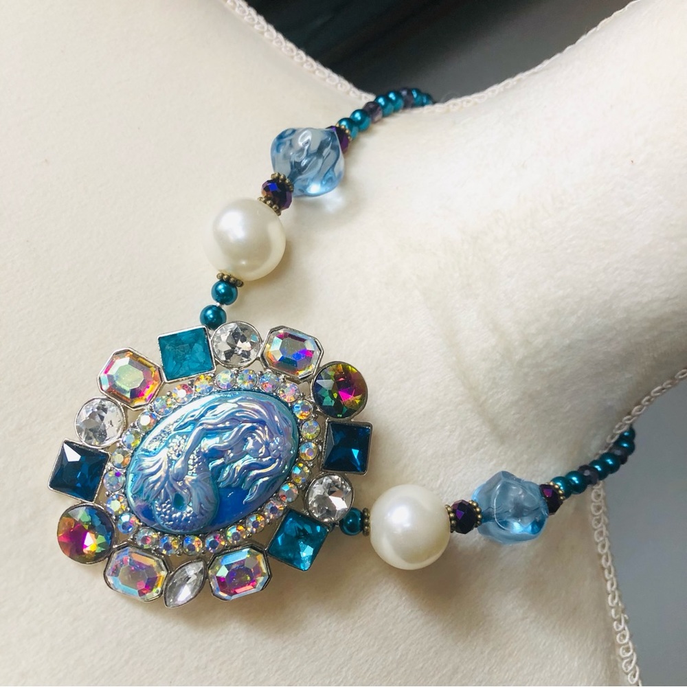 Handcrafted repurpose mermaid cameo stone pendant Czech glass Pearl necklace